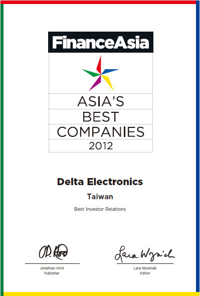 Delta Electronics recibió los reconocimientos “Best Investor Relations Award” del FinanceAsiaMagazine y el “Best IR Professional” del Institutional Investor Magazine.