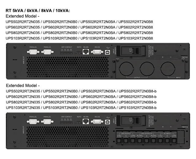 Amplon RT 5/6/8/10 kVA extended model UPS rear views for all regions