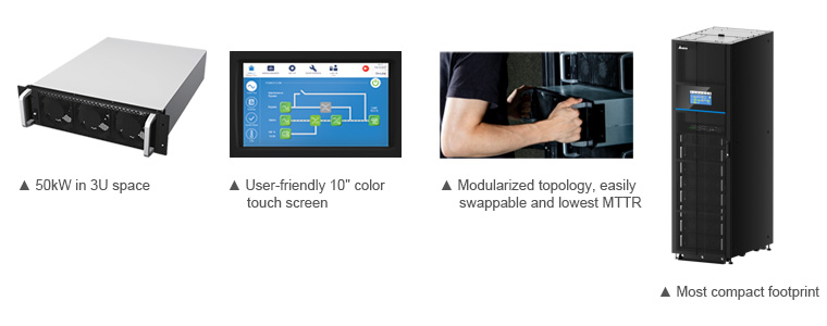 50kVA in 3U space; User-friendly 10" color touch screen; Most compact footprint