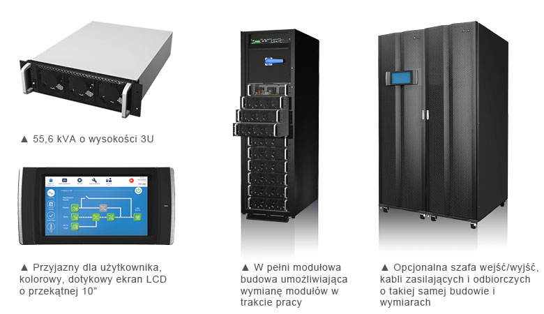 55,6 kVA o wysokości 3U; Przyjazny dla użytkownika, kolorowy, dotykowy ekran LCD o przekątnej 10”