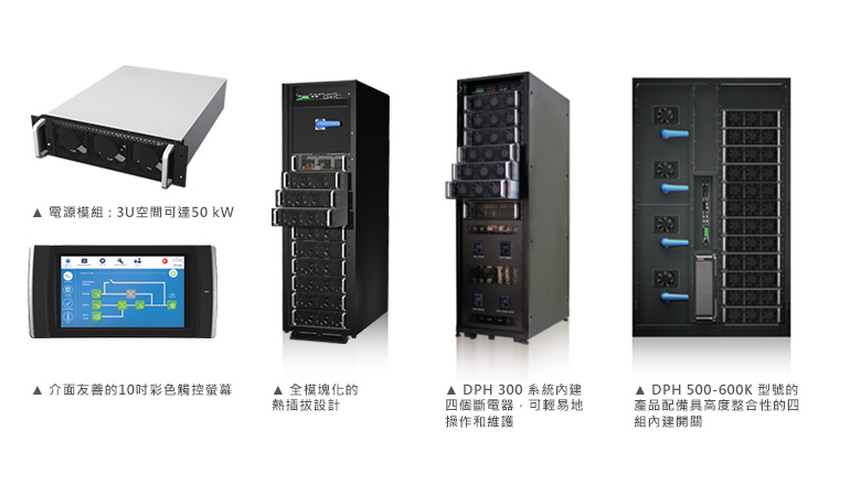 電源模塊 : 3U空間可達50kW; 全模塊化的熱插拔設計