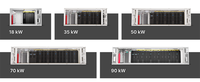 Полностью разработанный и оптимизированный, предлагается в 5 стандартных вариантах от 18 до 90 кВт нагрузки от ИТ-потребителей с дополнительными вспомогательными системами.
