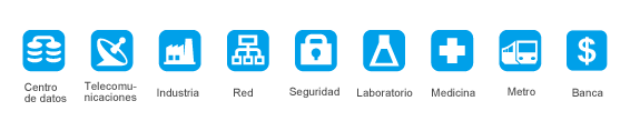 Aplicaciones: Centro de datos, Telecomunicaciones, Industria, Red, Seguridad, Laboratorio, Medicina, Metro, Banca