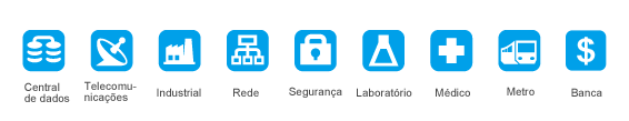 Aplicações:Central de dados, Telecomunicações, Industrial, Rede, Segurança, Laboratório, Médico, Metro, Banca