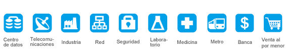 Aplicaciones: Centro de datos, Telecomunicaciones, Industria, Red, Seguridad, Laboratorio, Medicina, Metro, Banca, Venta al por menor